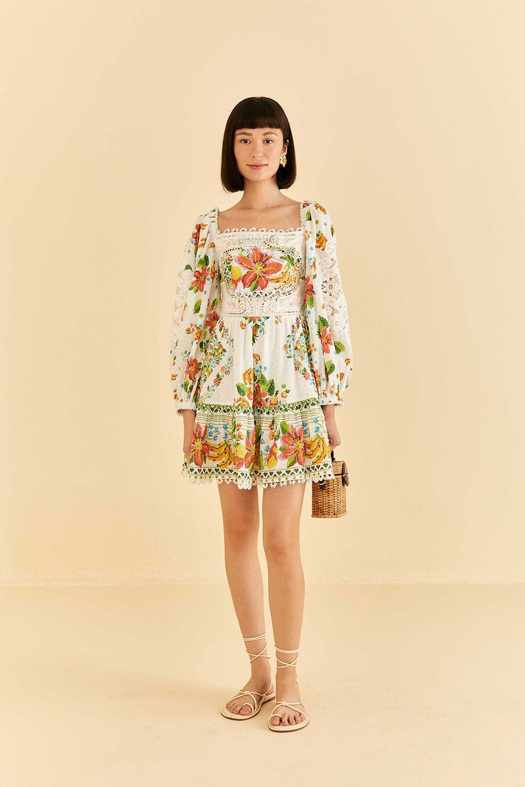 Farm Rio Off-White Tropical Romance Scarf Mini Dress