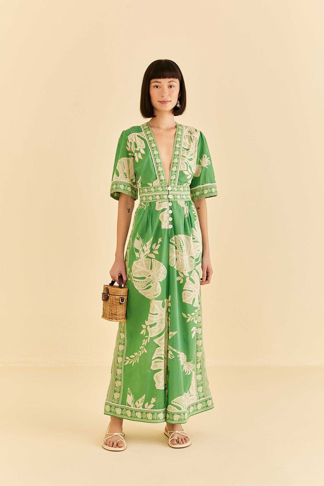 Farm Rio Green Lace Monsteras Jumpsuit