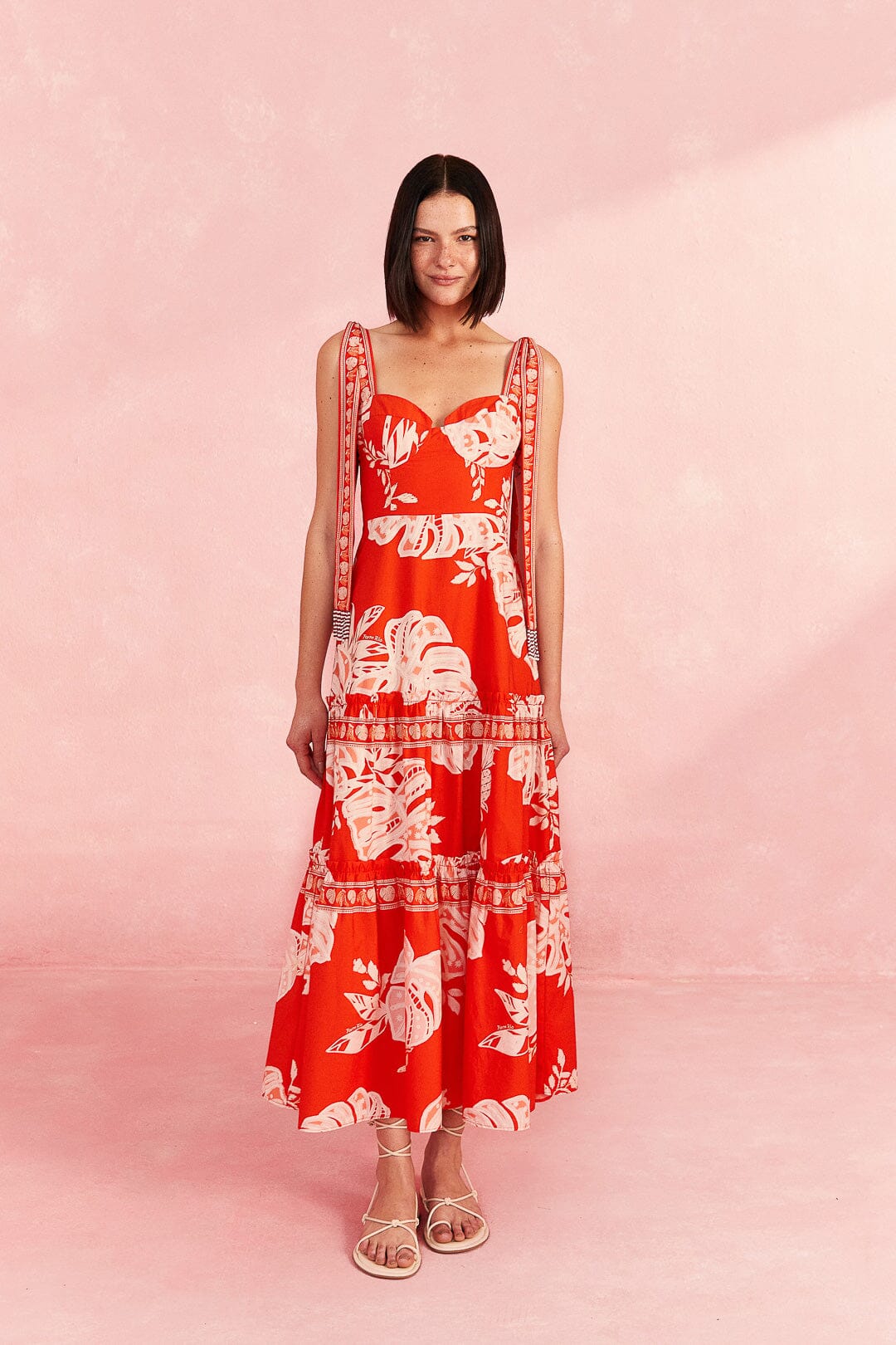 Farm Rio Red Lace Monsteras Midi Dress