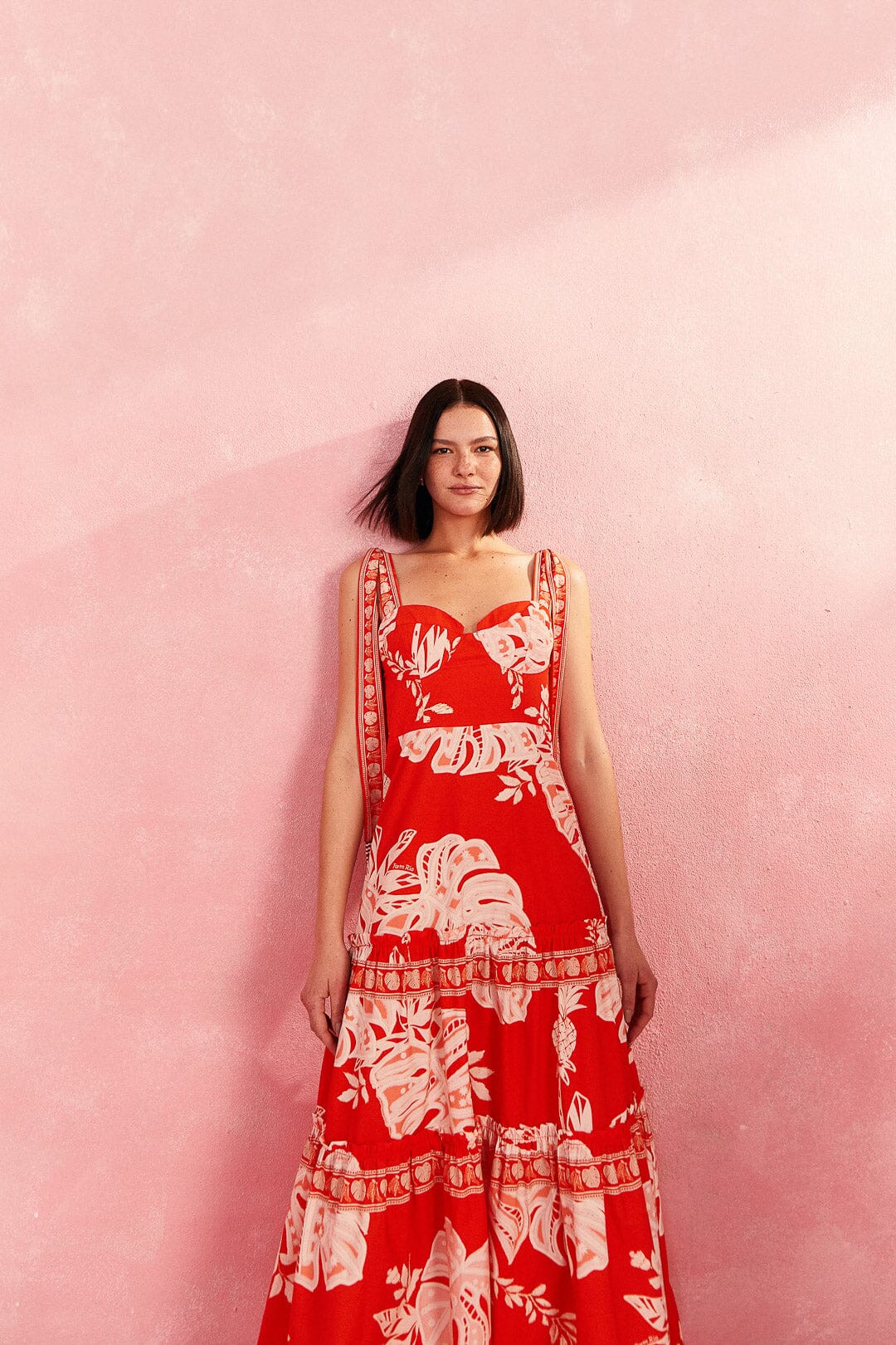 Farm Rio Red Lace Monsteras Midi Dress