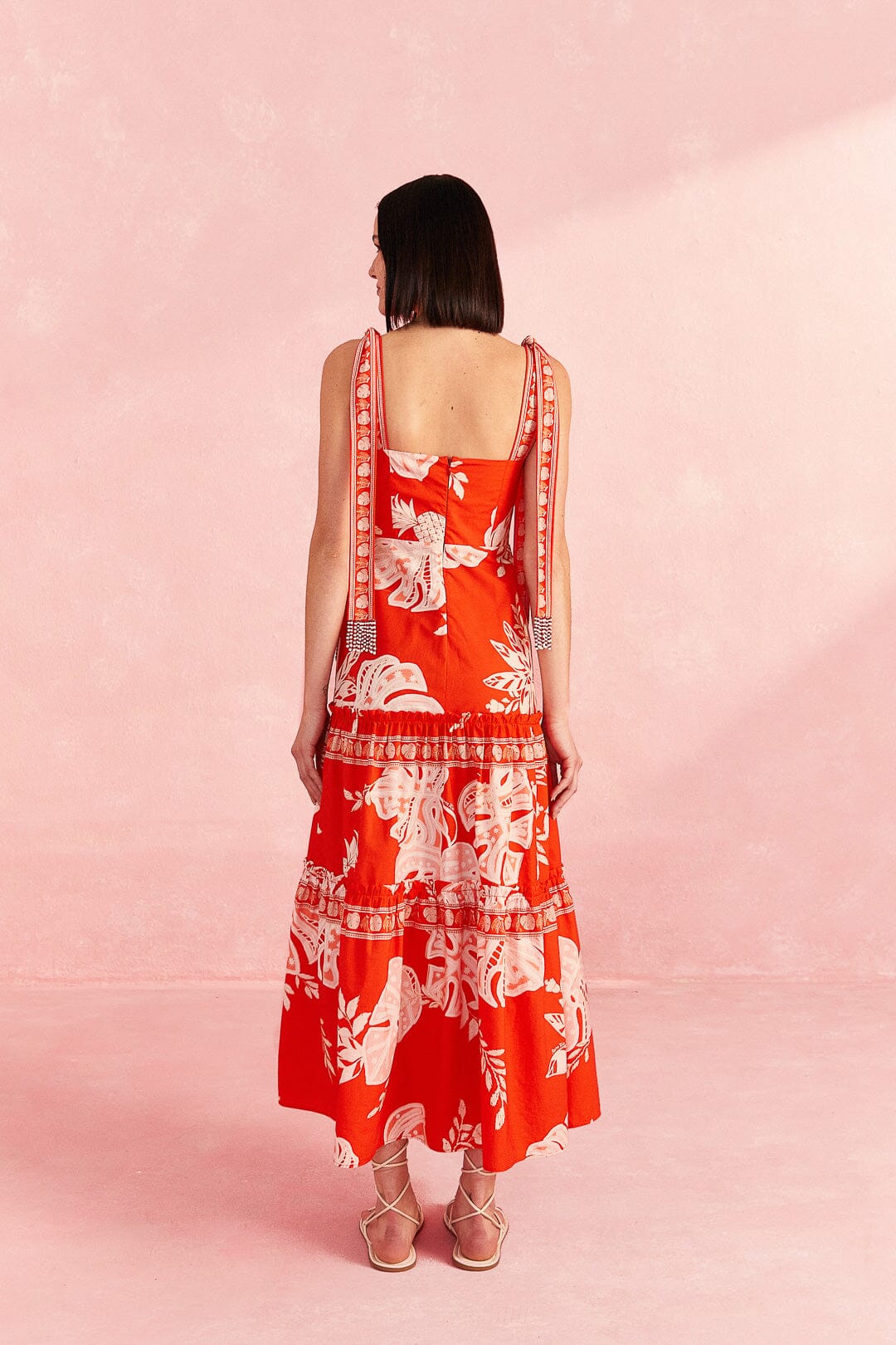 Farm Rio Red Lace Monsteras Midi Dress