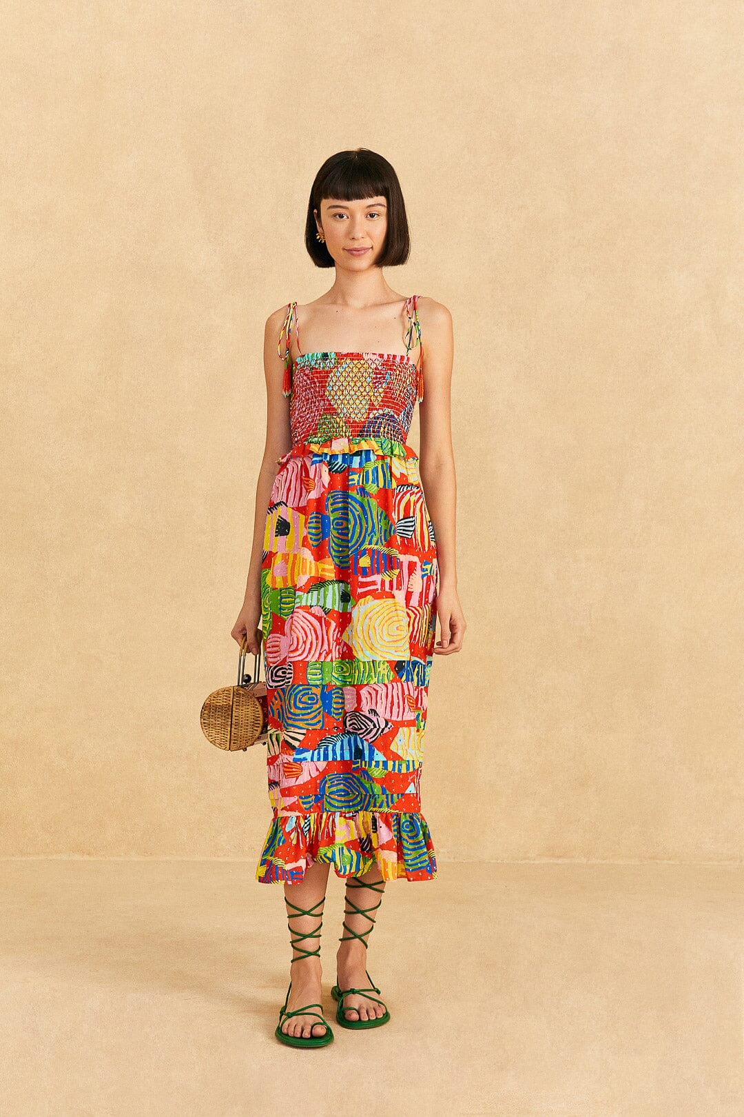 Farm Rio Red Striped Fishes Midi Dress