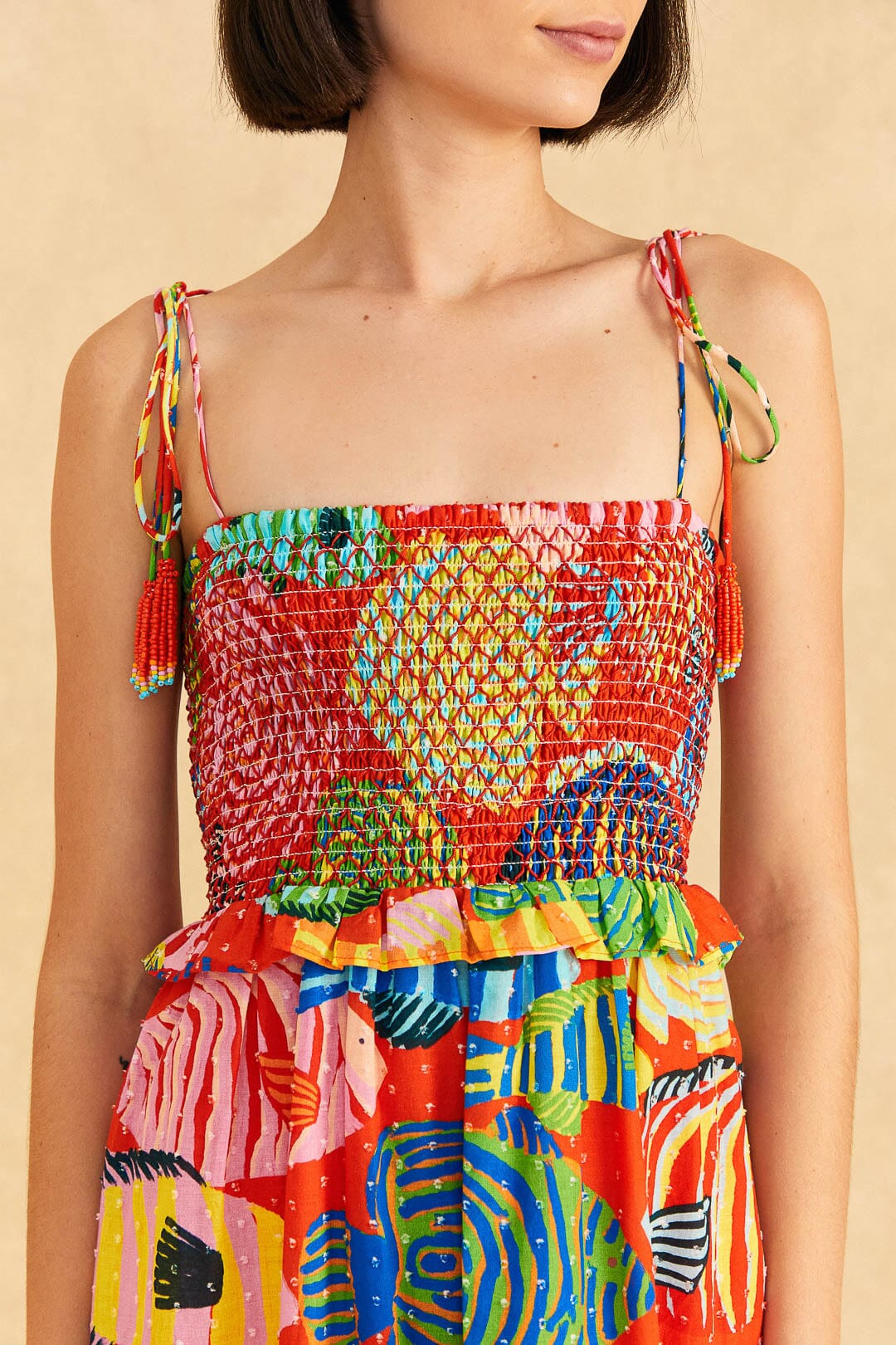 Farm Rio Red Striped Fishes Midi Dress