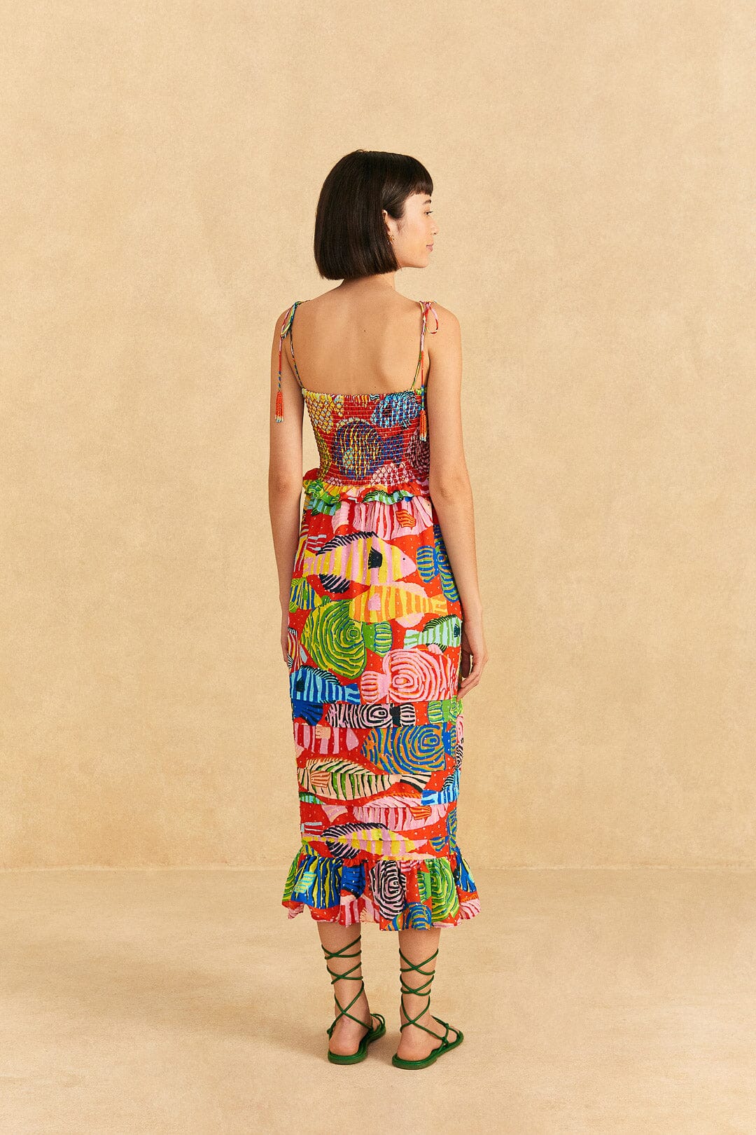 Farm Rio Red Striped Fishes Midi Dress