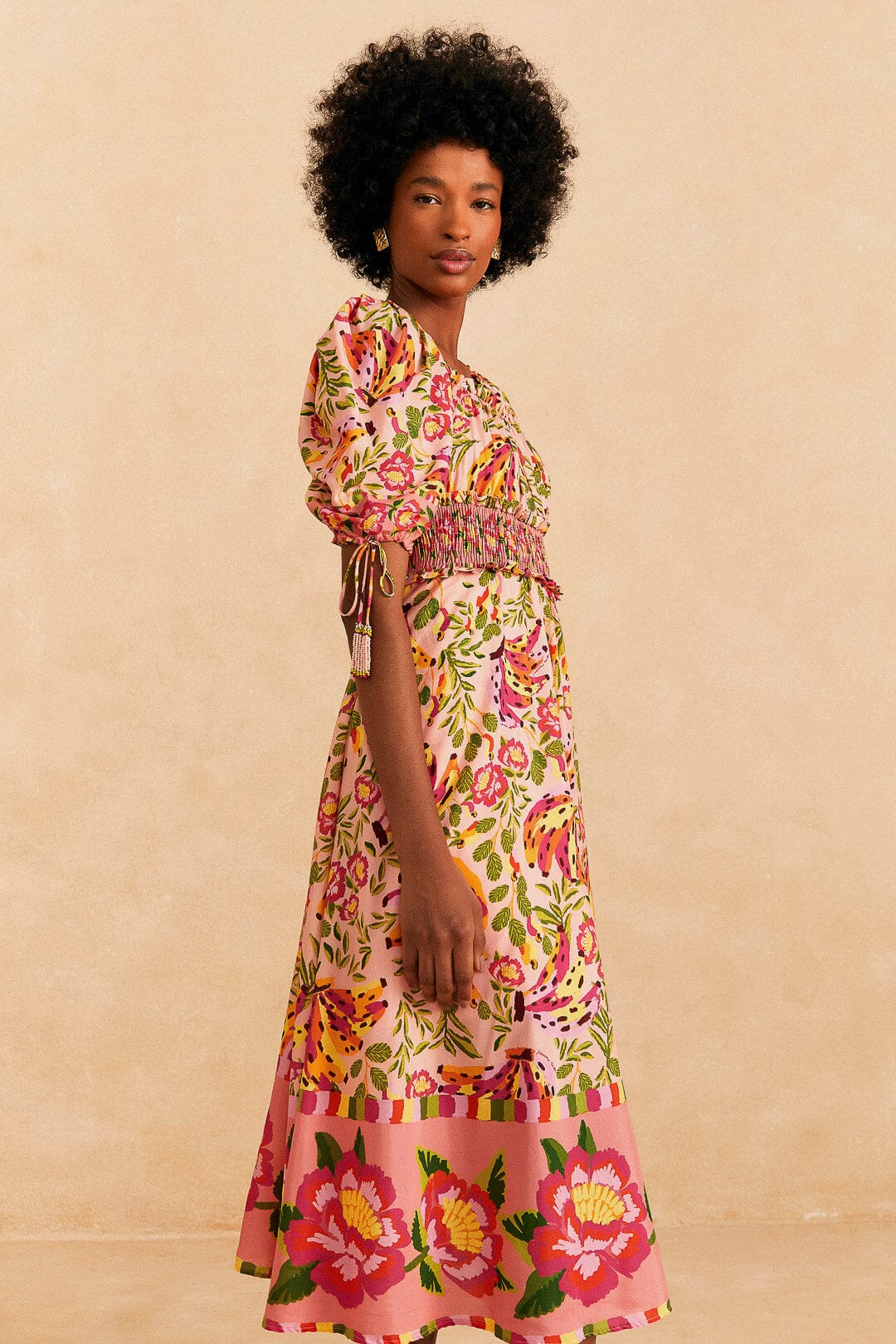 Farm Rio Pink Painted Bananas Midi Dress