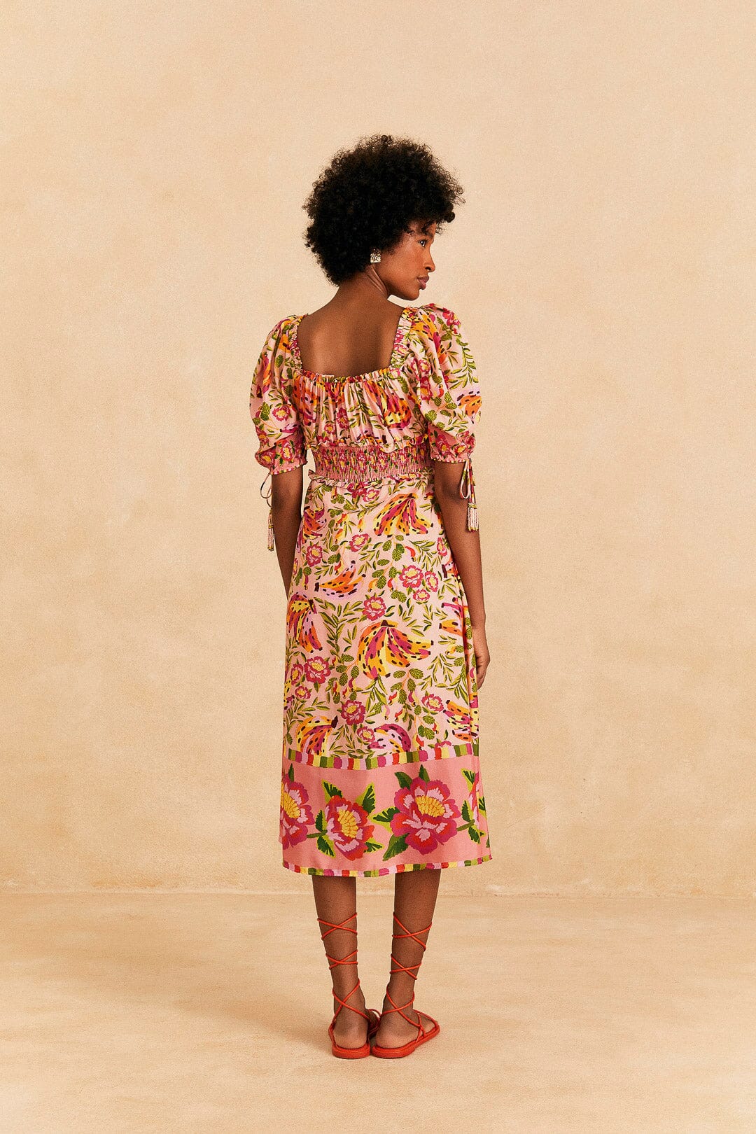 Farm Rio Pink Painted Bananas Midi Dress