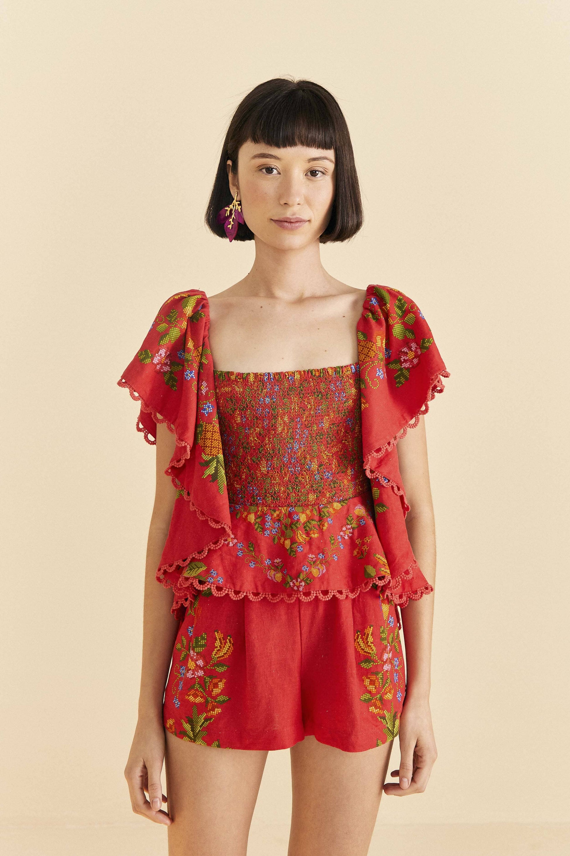 Farm Rio Red Tropical Romance Romper