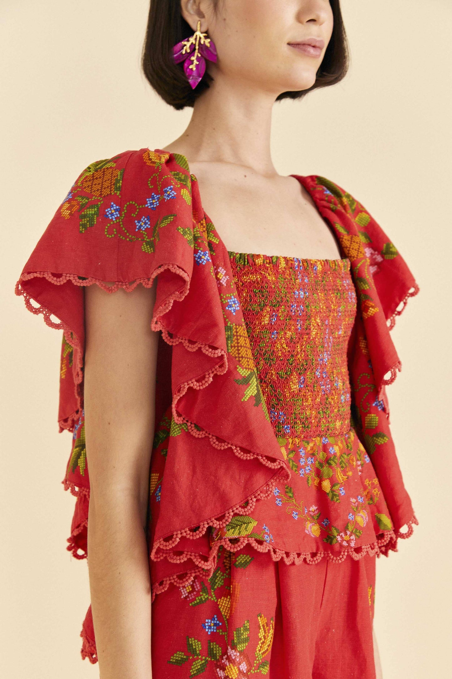 Farm Rio Red Tropical Romance Romper