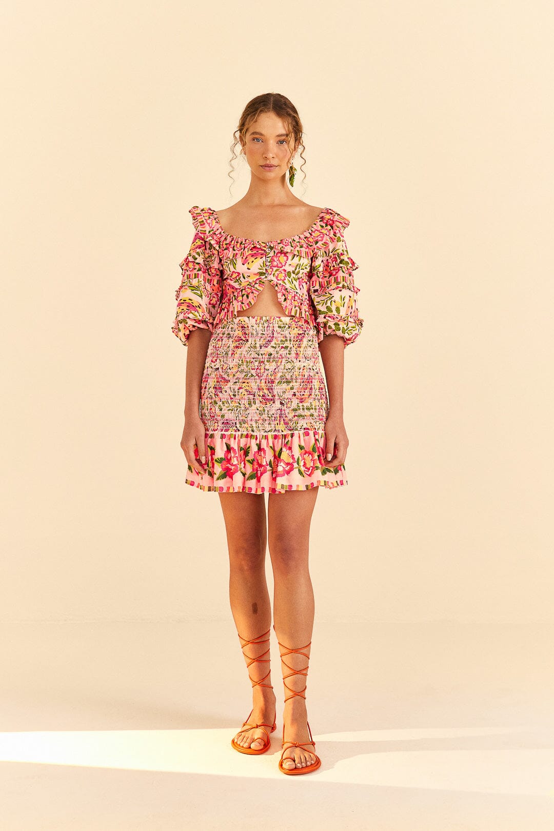 Farm Rio Pink Painted Bananas Smocked Mini Skirt