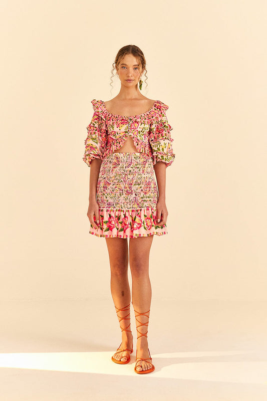 Farm Rio Pink Painted Bananas Smocked Mini Skirt
