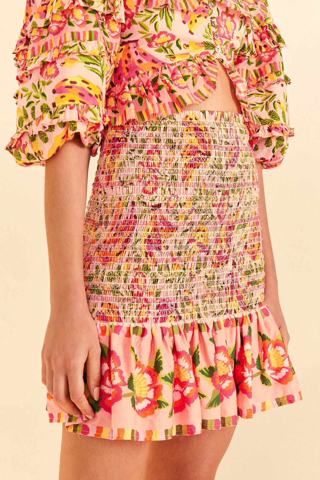 Farm Rio Pink Painted Bananas Smocked Mini Skirt