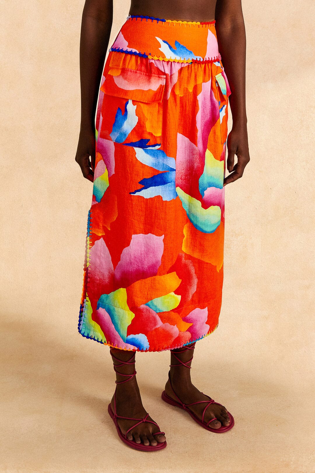 Farm Rio Red Ombre Chita Midi Skirt