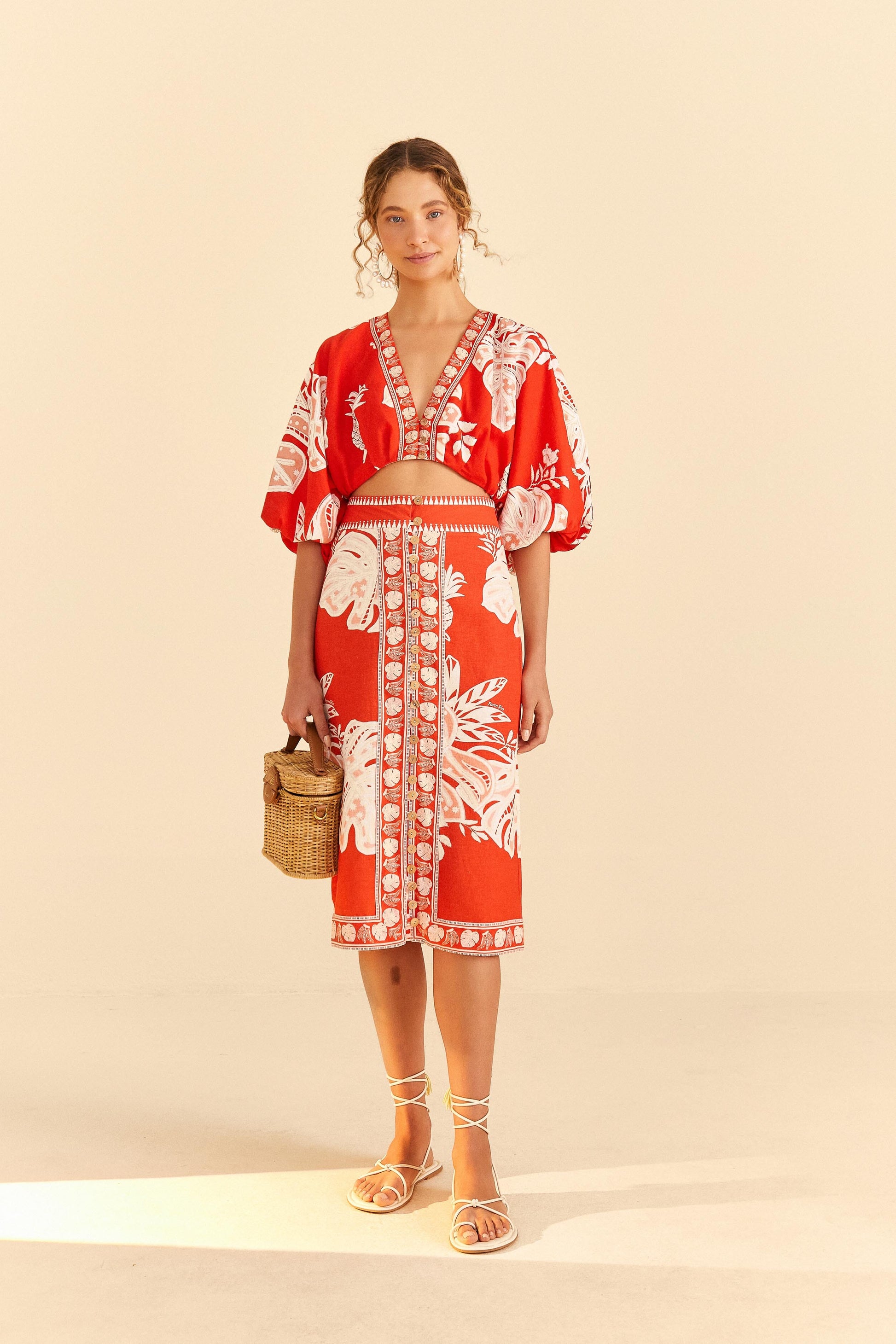 Farm Rio Red Lace Monsteras Midi Skirt