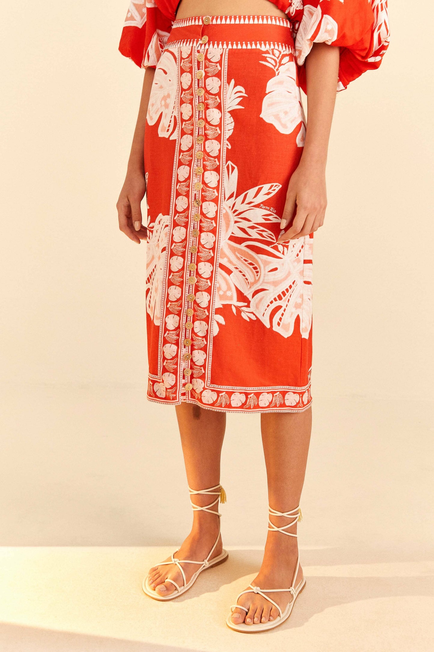 Farm Rio Red Lace Monsteras Midi Skirt