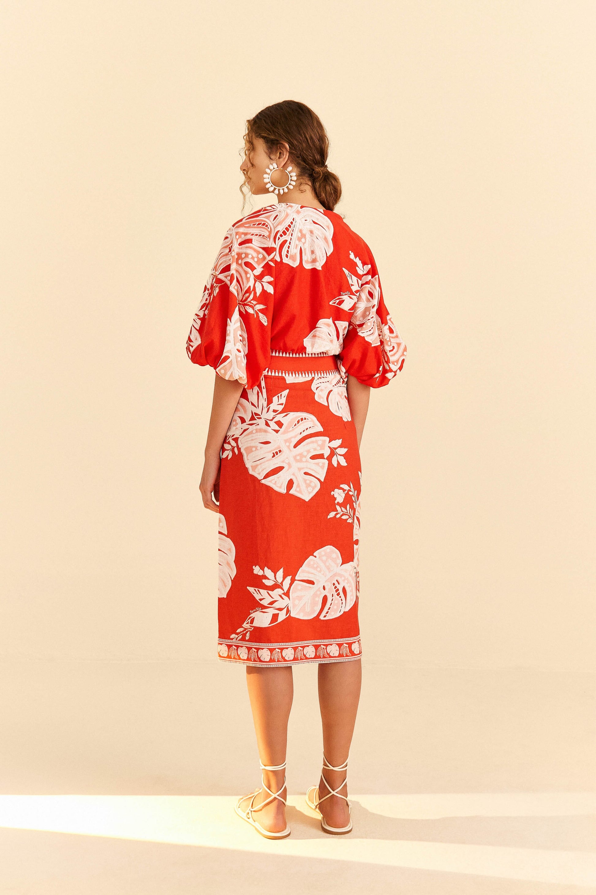 Farm Rio Red Lace Monsteras Midi Skirt