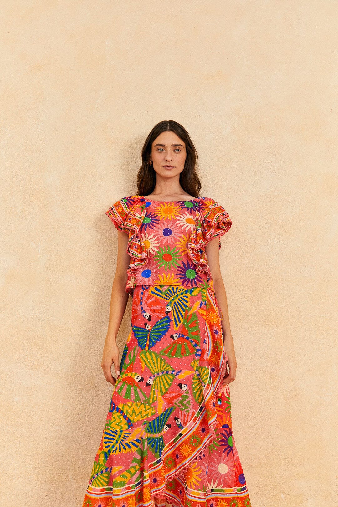Farm Rio Coral Mixed Graphic Macaws Midi Skirt