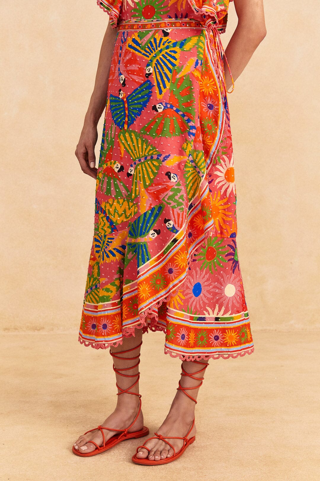 Farm Rio Coral Mixed Graphic Macaws Midi Skirt