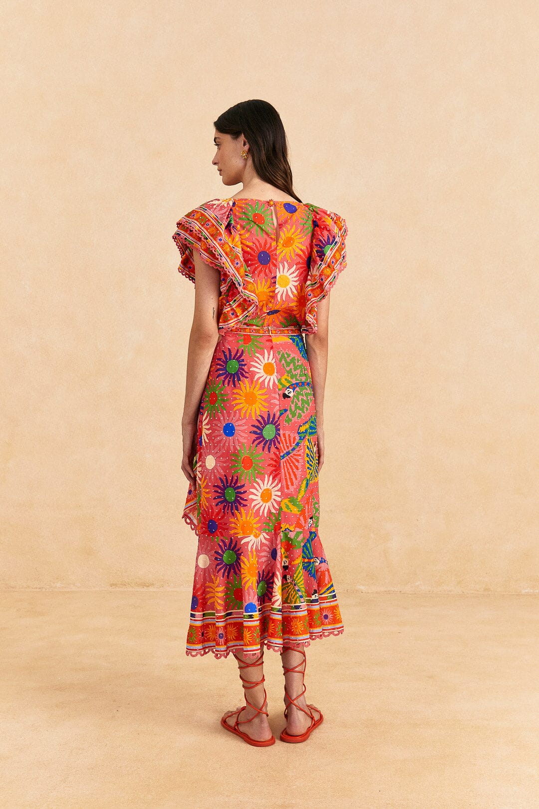 Farm Rio Coral Mixed Graphic Macaws Midi Skirt