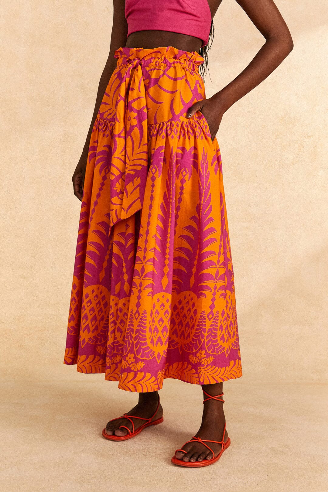 Farm Rio Orange Pineapple Love Organic Cotton Maxi Skirt