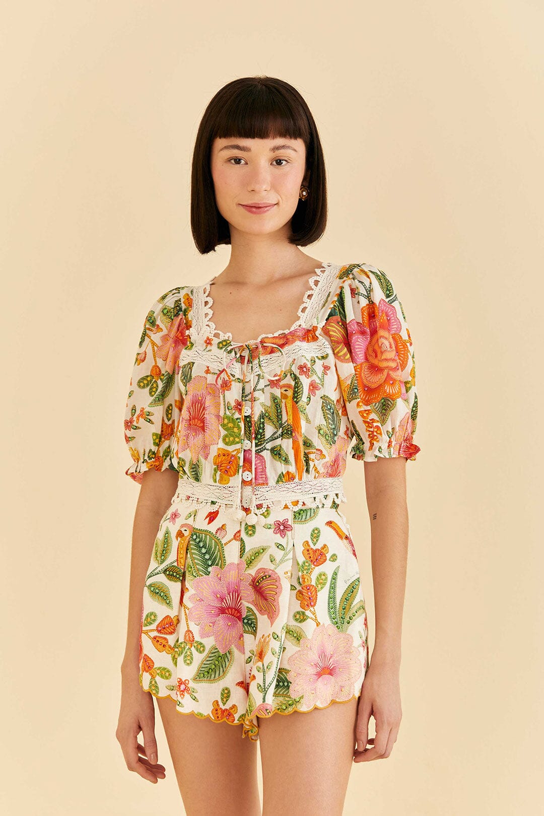 Farm Rio Off-White Macaw Bloom Blouse