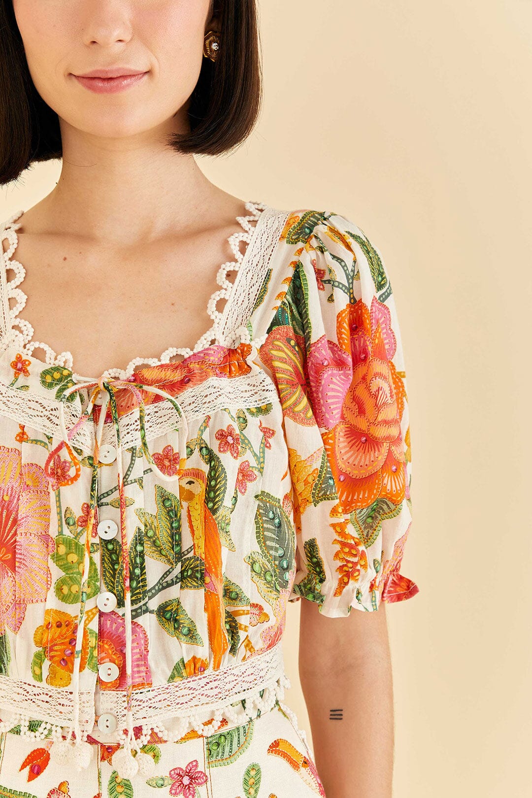 Farm Rio Off-White Macaw Bloom Blouse