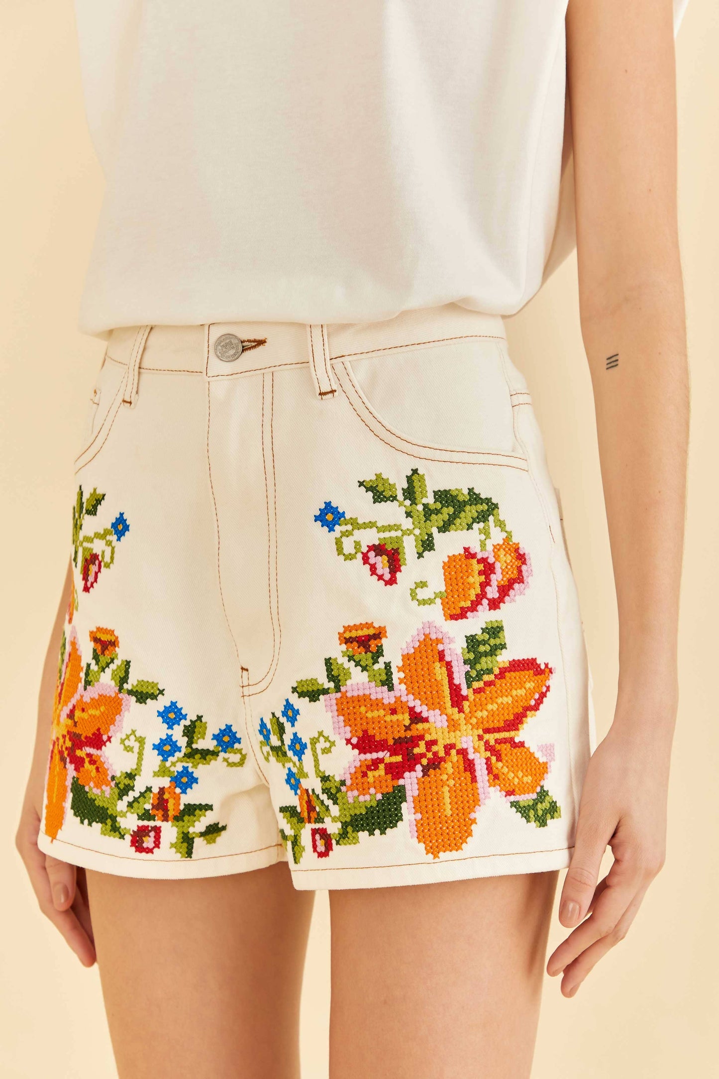 Farm Rio Embroidered Floral Twill Shorts