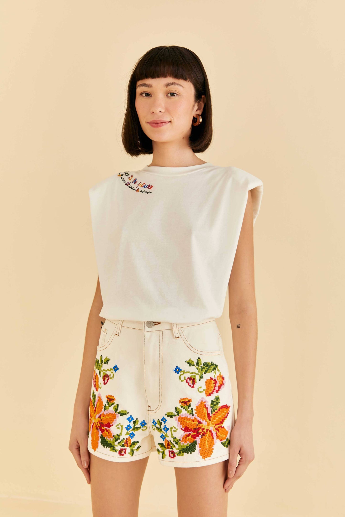 Farm Rio Embroidered Floral Twill Shorts