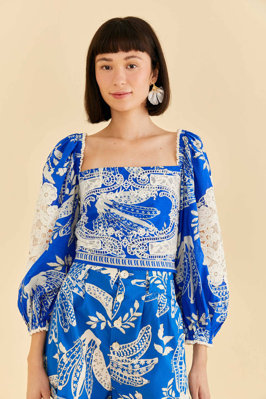 Farm Rio Blue Lace Banana Blouse