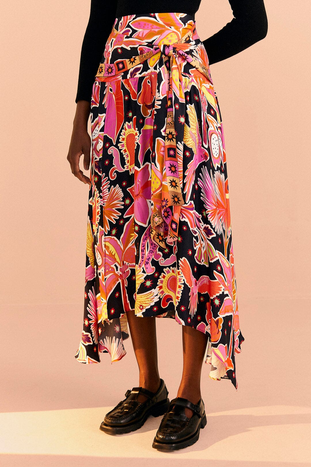 Farm Rio Black Enchanted Nature Lenzing™ Ecovero™ Viscose Midi Skirt