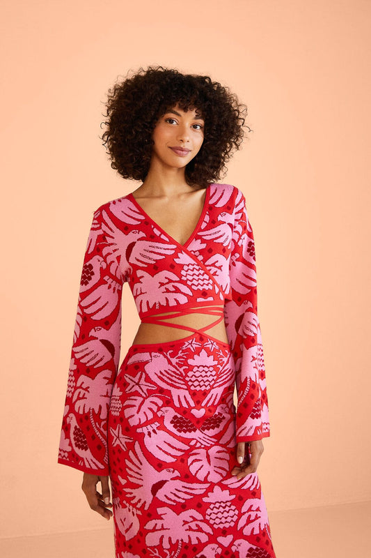 Farm Rio Red Jungle Scarf Knit Top