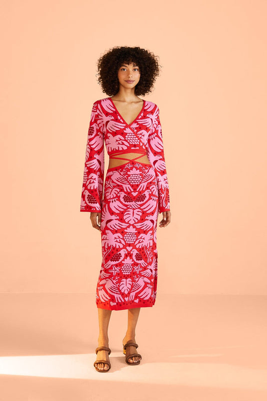 Farm Rio Red Jungle Scarf Knit Skirt