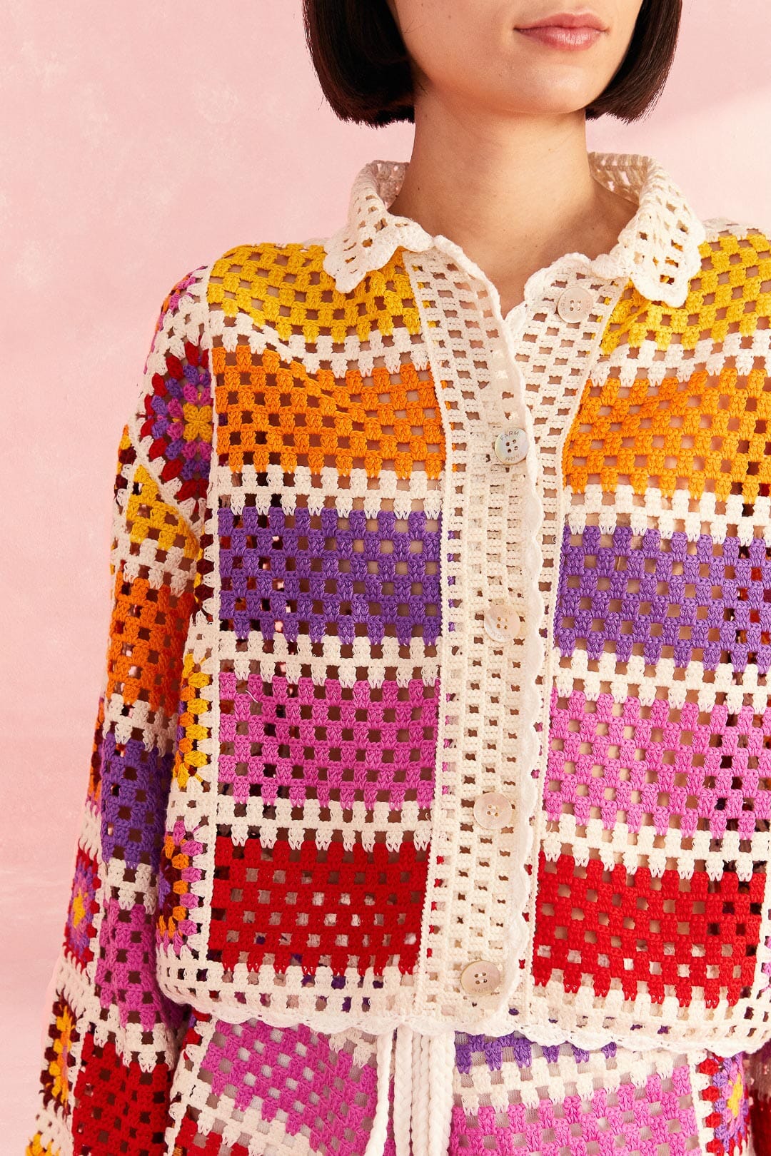 Farm Rio Mixed Crochet Stripes Shirt