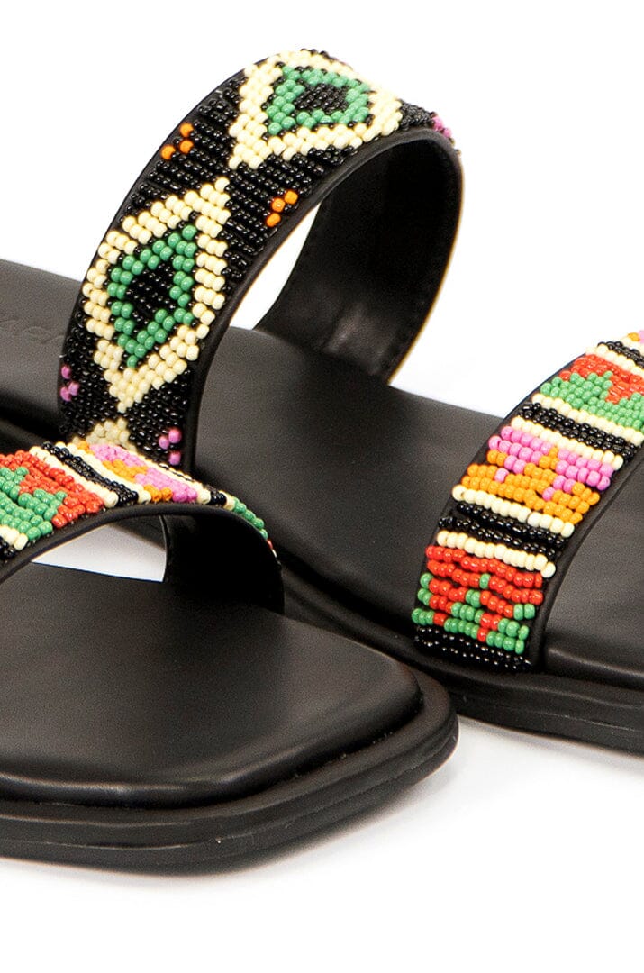 Farm Rio Black Beaded Square Toe Slide Sandal
