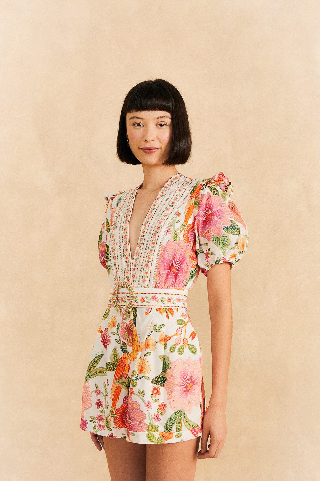 Farm Rio Off-White Macaw Bloom Organic Cotton Romper