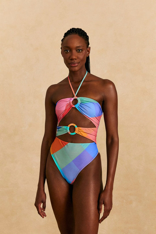 Farm Rio Blue Painted Birds Plaid Halter Neck One-Piece Swimsuit
