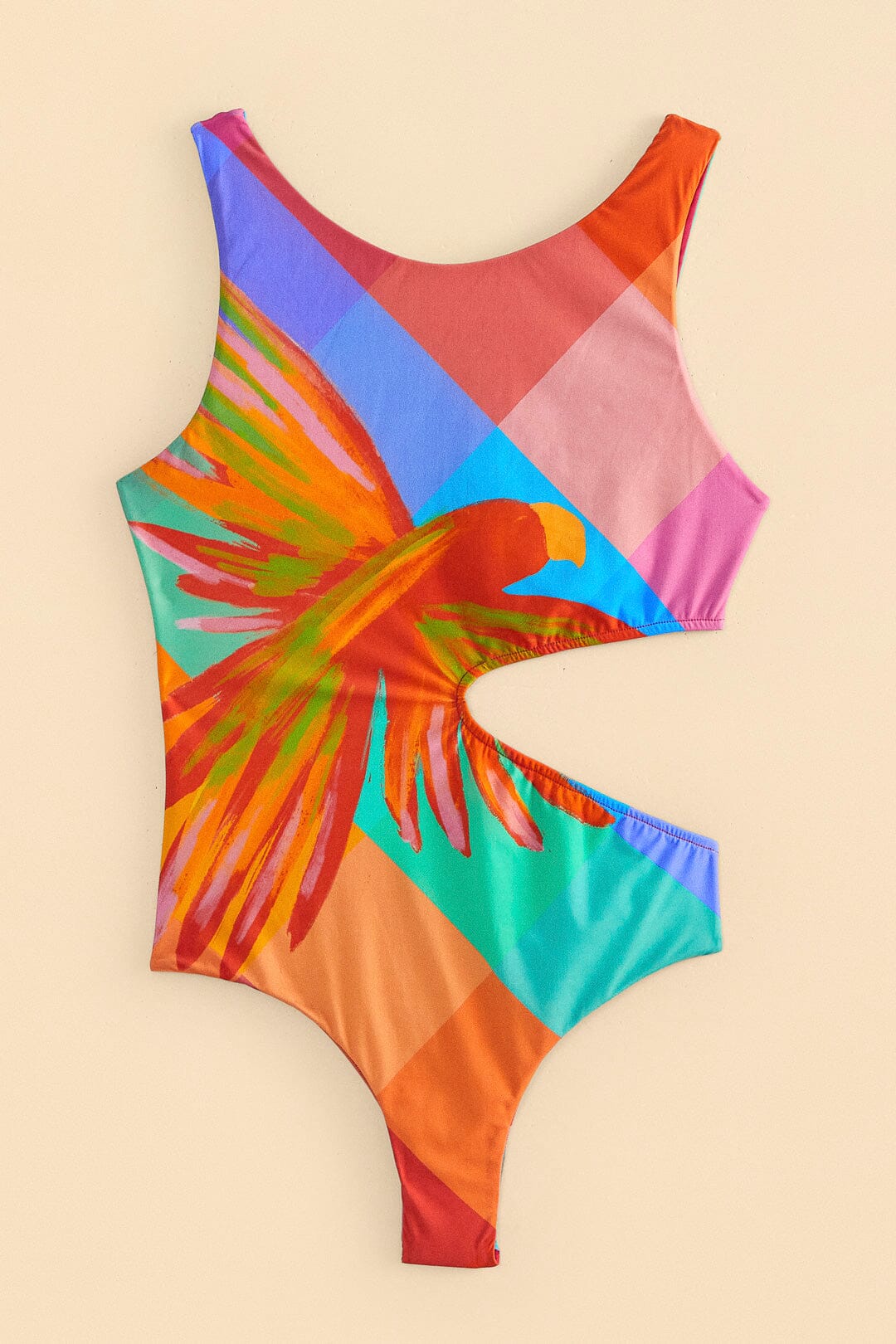 Farm Rio Blue Painted Birds Plaid One-Piece Swimsuit