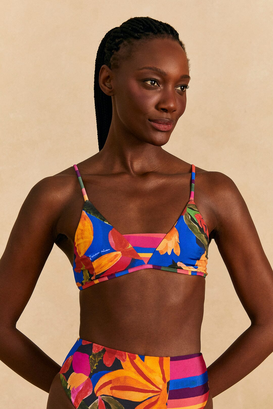 Farm Rio Blue Floral Tropical & Colorful Stripes Bikini Top