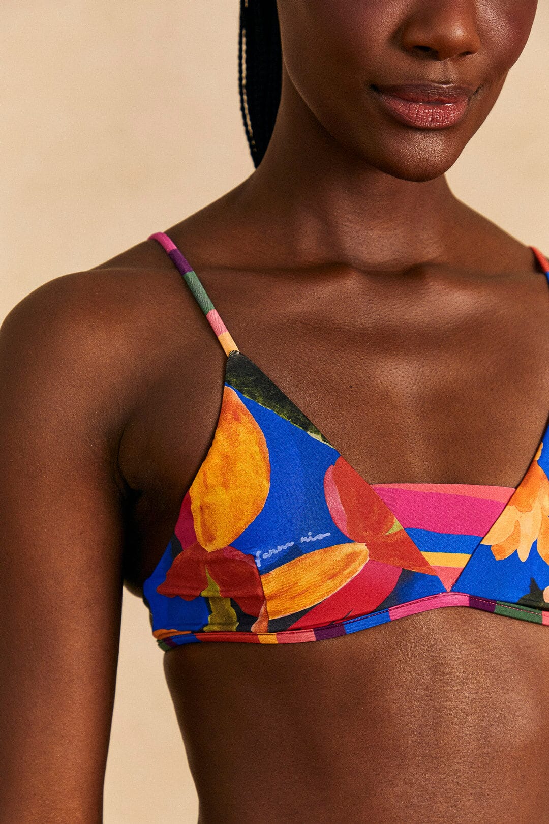 Farm Rio Blue Floral Tropical & Colorful Stripes Bikini Top