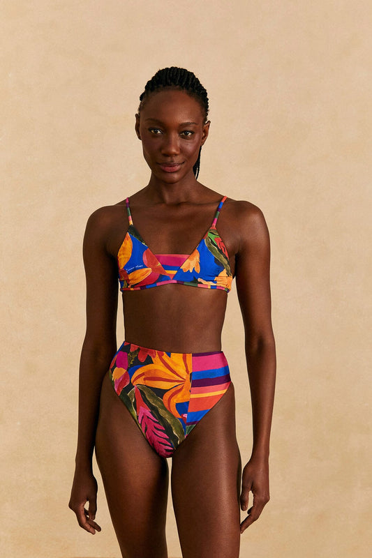 Farm Rio Blue Floral Tropical & Colorful Stripes High Waisted Bikini Bottom