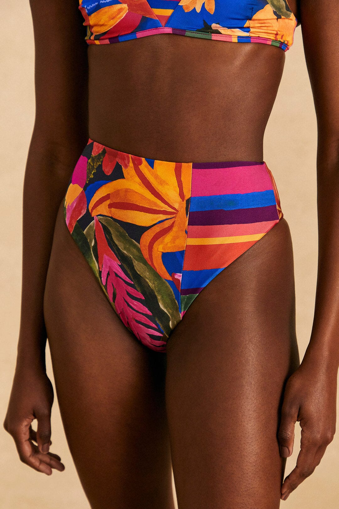 Farm Rio Blue Floral Tropical & Colorful Stripes High Waisted Bikini Bottom