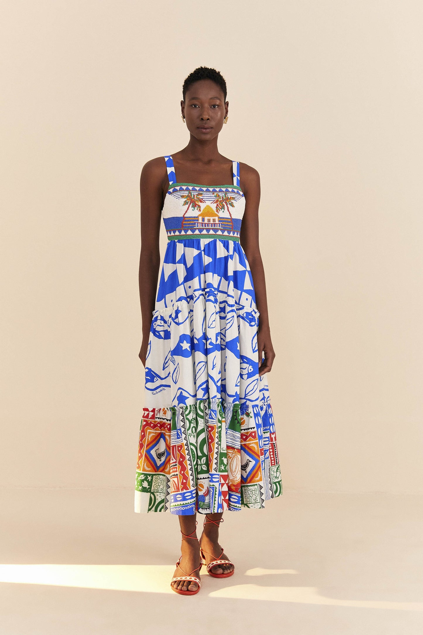 Farm Rio Mixed Pitta Colors Organic Cotton Embroidered Midi Dress