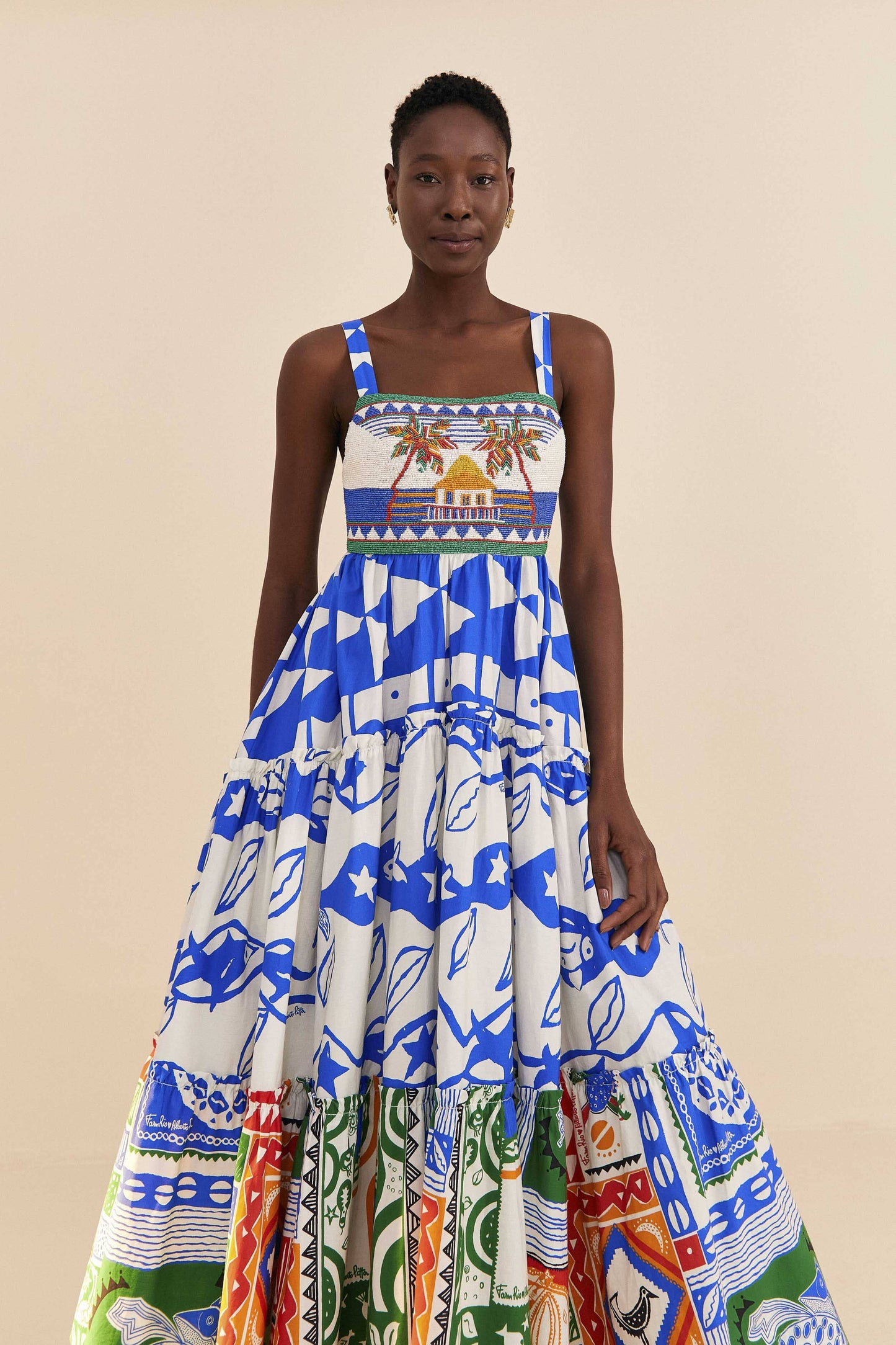 Farm Rio Mixed Pitta Colors Organic Cotton Embroidered Midi Dress