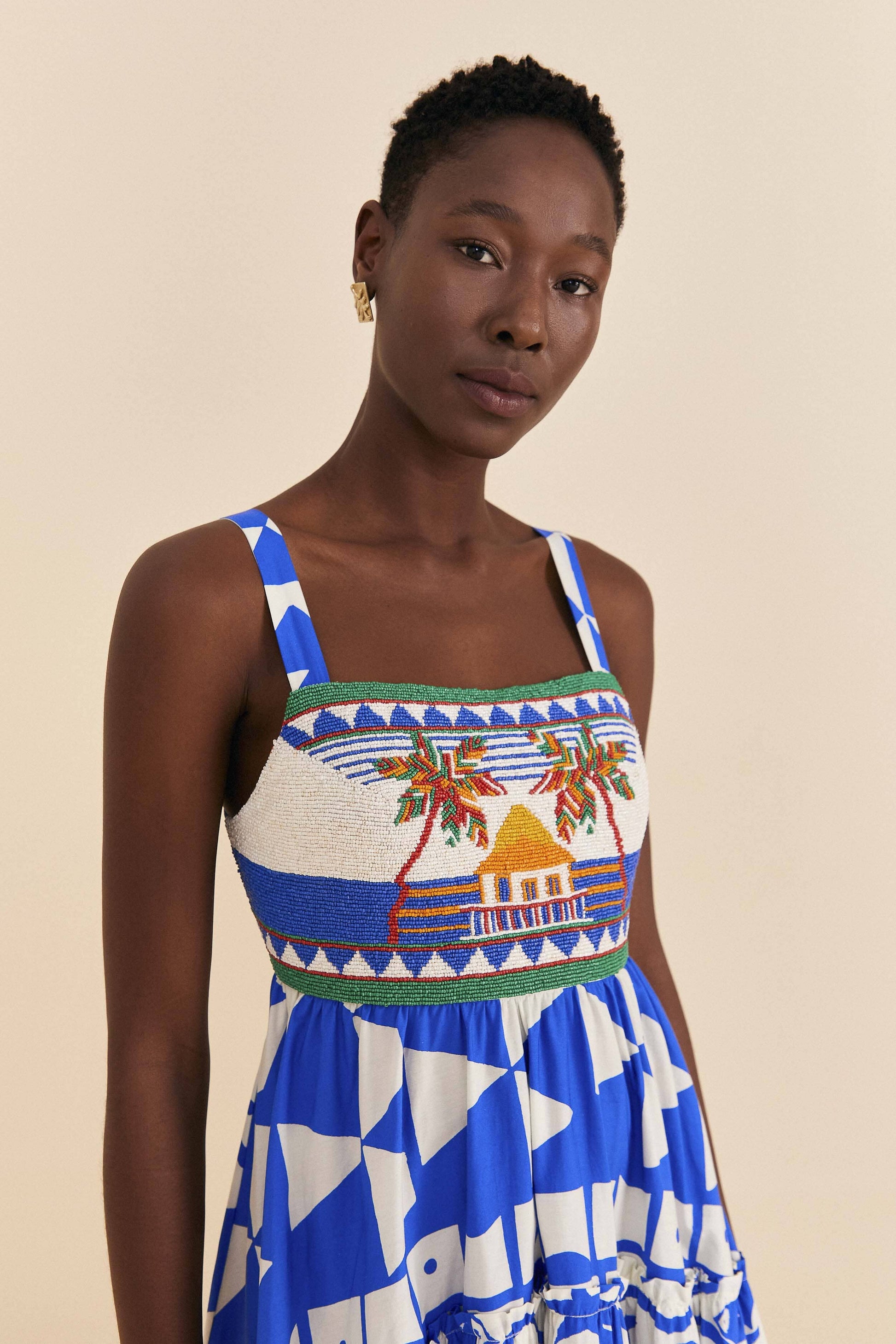 Farm Rio Mixed Pitta Colors Organic Cotton Embroidered Midi Dress