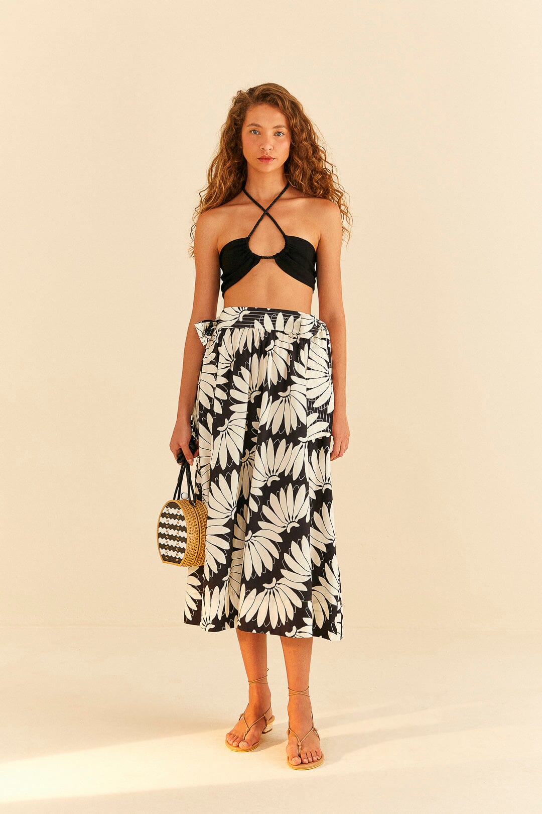 Farm Rio Black Copacabana Bow Midi Skirt