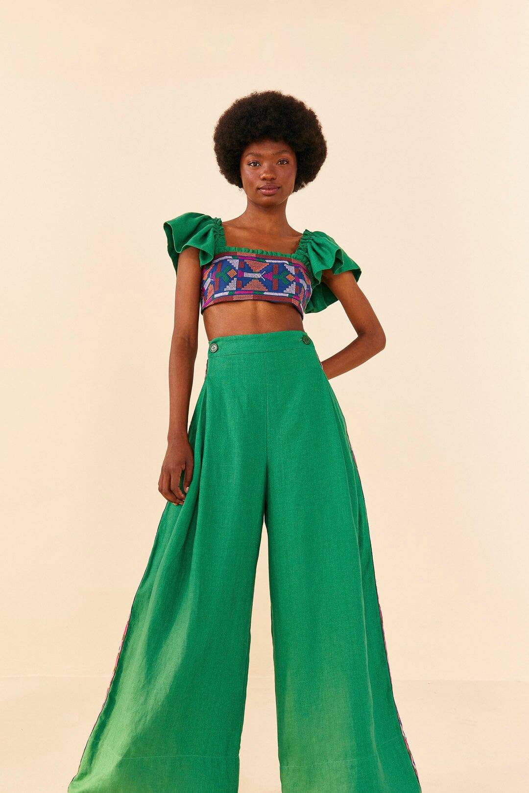 Farm Rio Embroided Green Pants