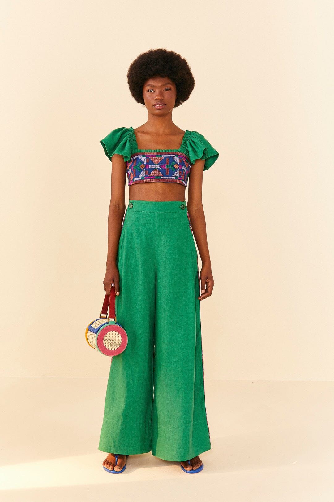Farm Rio Embroided Green Pants