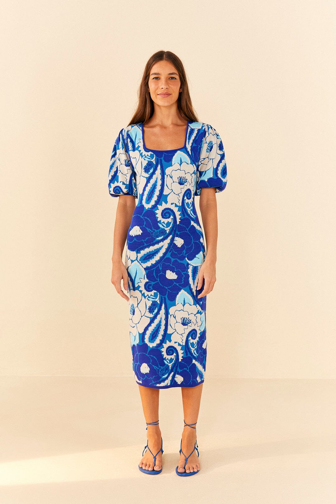 Farm Rio Blue Tropical Groove Knit Midi Dress