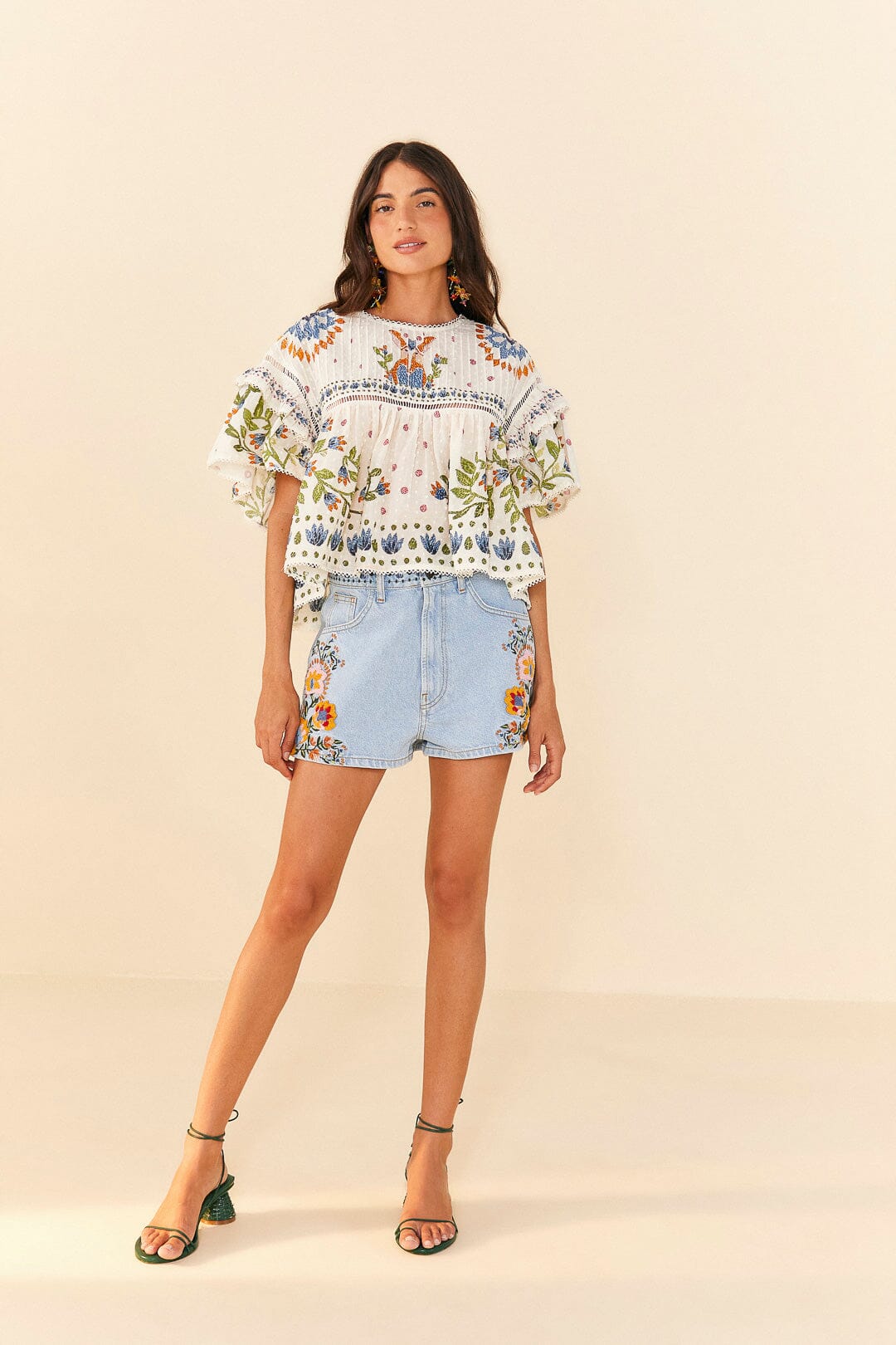 Farm Rio Summer Garden Embroidered Denim Shorts