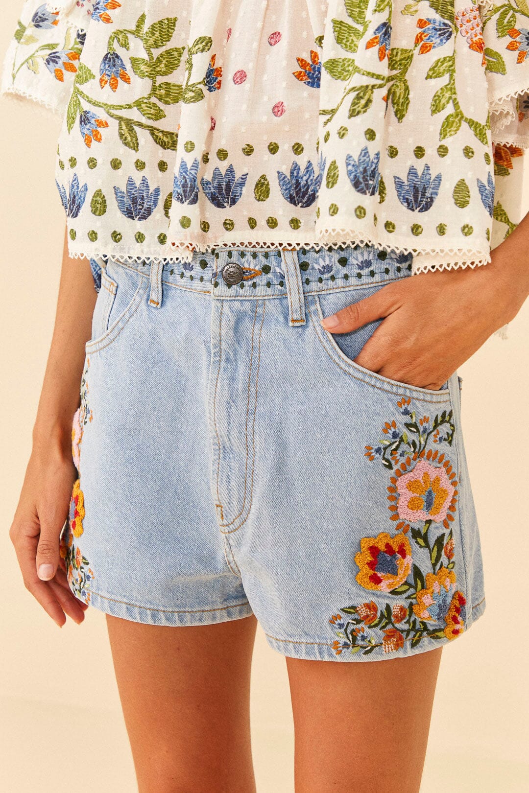 Farm Rio Summer Garden Embroidered Denim Shorts