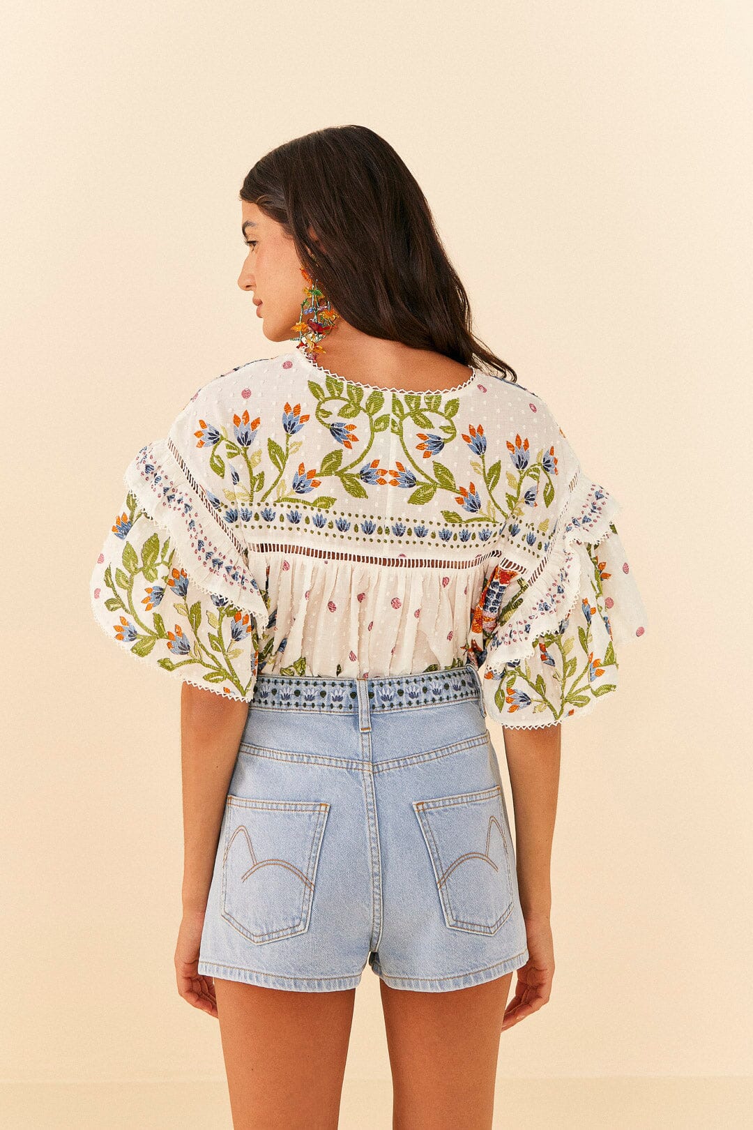 Farm Rio Summer Garden Embroidered Denim Shorts
